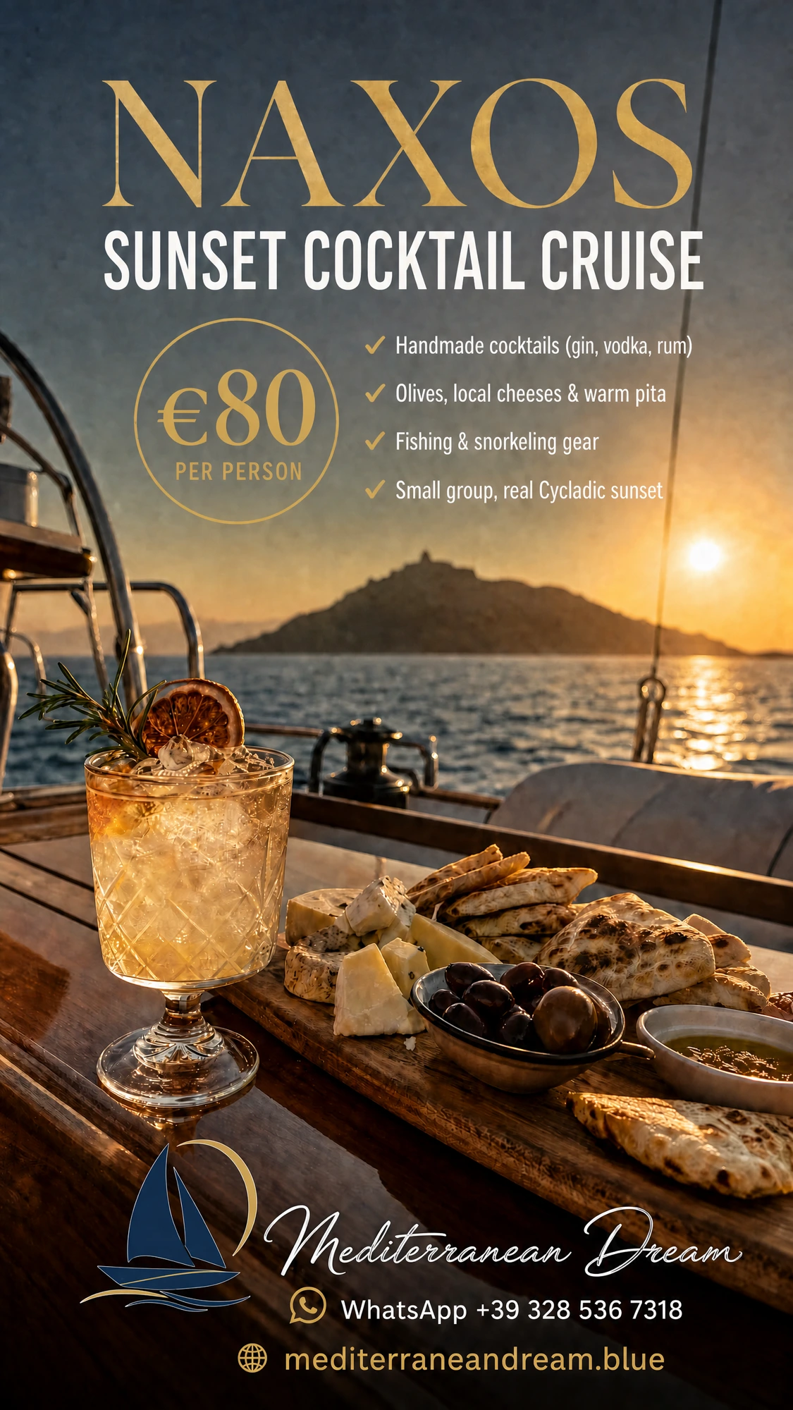 Sunset cocktail cruise in Naxos, €80 per person